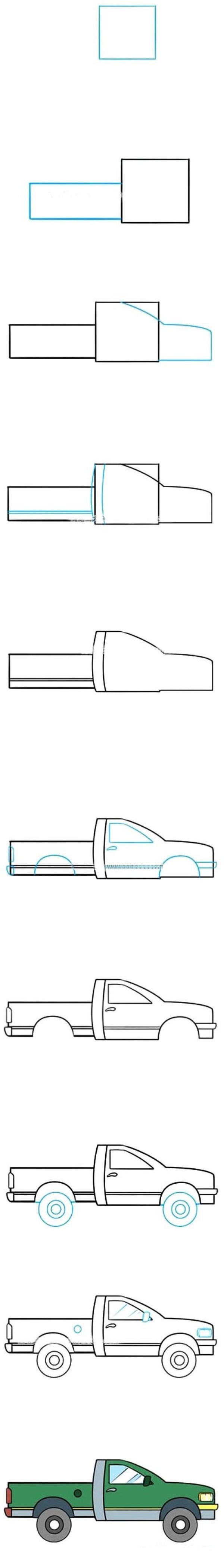 Childrens simple drawing of pickup truck