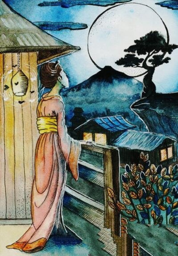 Looking up at the bright moon to celebrate the Mid-Autumn Festival teacher model painting