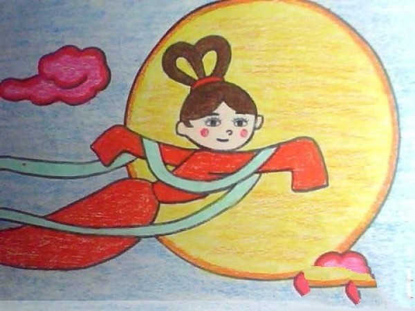 Childrens version of Chang'es simple drawing of flying to the moon