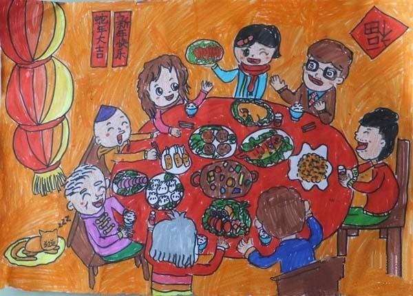 Childrens drawing pictures of having reunion dinner during Spring Festival