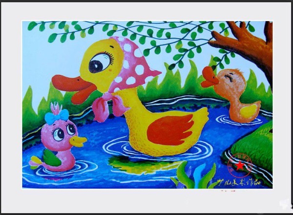 Excellent childrens watercolor painting - little duck and mother duck