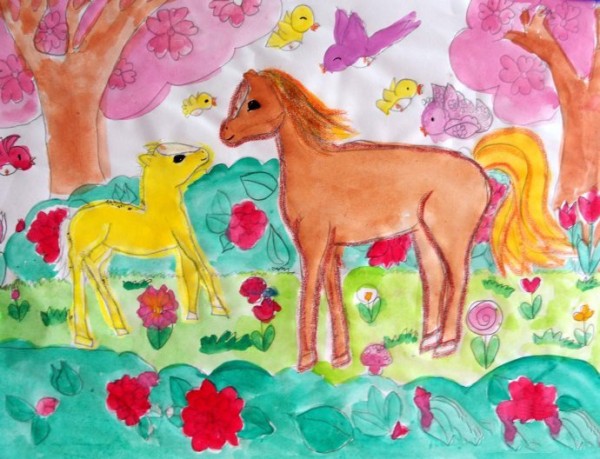 Childrens drawing pictures of spring animals - pony and mother in spring