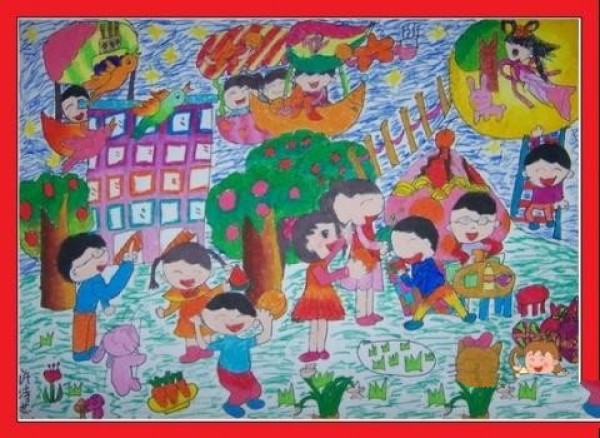 Childrens paintings of Mid-Autumn Festival moon appreciation-Mid-Autumn Festival full moon night