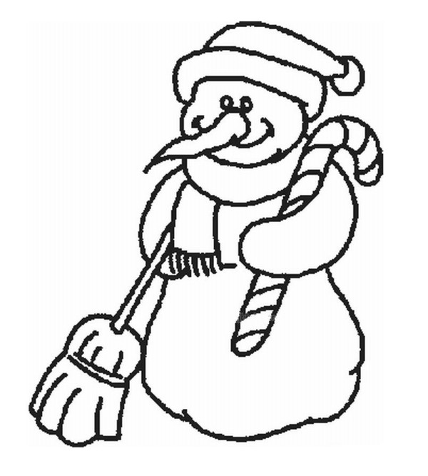 Simple drawing of snowman holding a broom