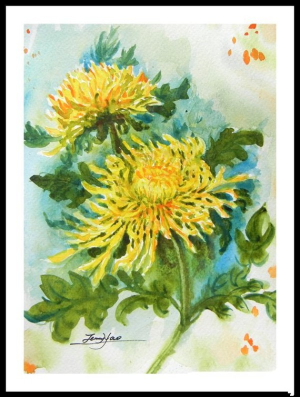 Colorful autumn childrens drawing of blooming chrysanthemums