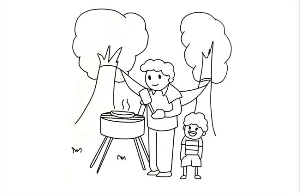 A simple picture of a child and his father going to an outdoor picnic and barbecue