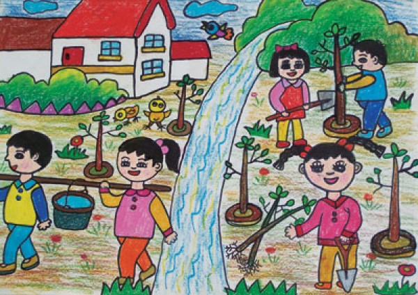 Childrens paintings about labor of love-lets plant trees together