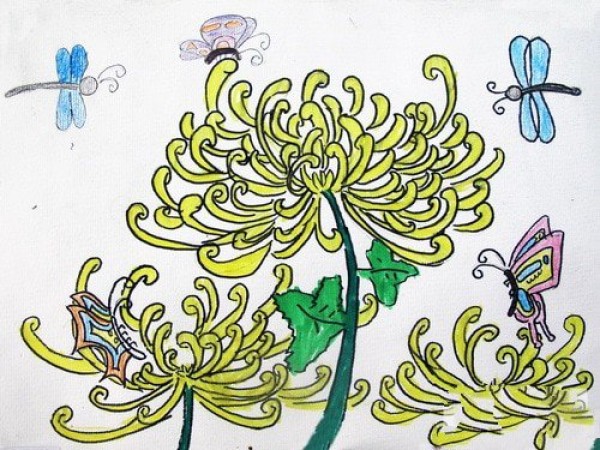 Childrens drawings about the Double Ninth Festival - chrysanthemums and butterflies