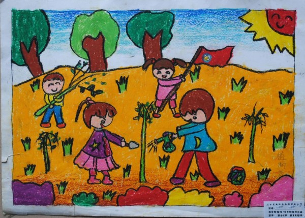 Beautiful spring childrens drawing-I plant trees and I am glorious