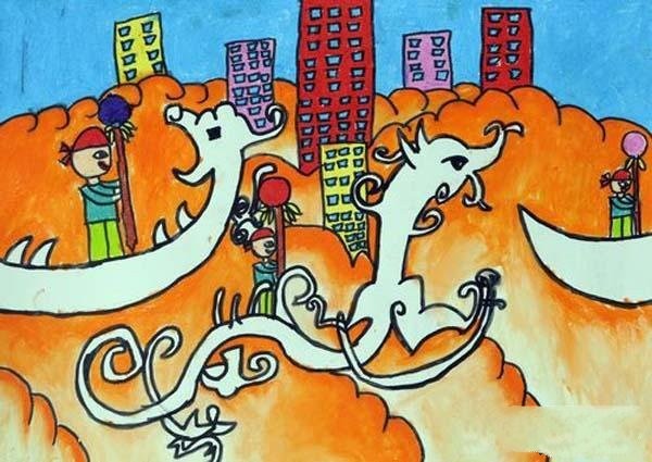 Creative childrens drawing pictures for Dragon Boat Festival: City Dragon Dance