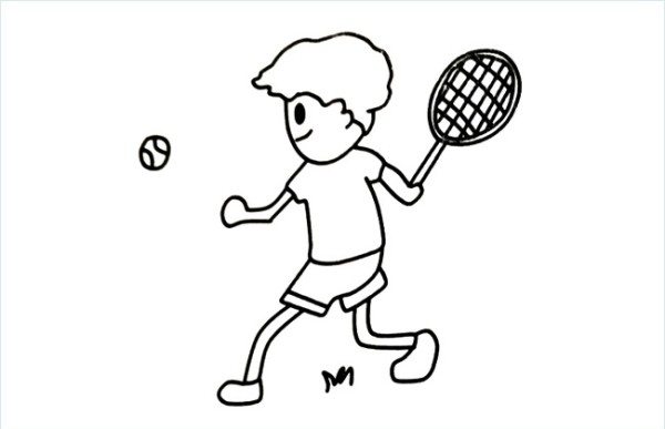 Simple drawing picture of little boy playing tennis