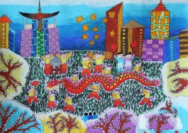 Childrens drawings of Dragon Boat Festival pictures - Lets all dance the dragon