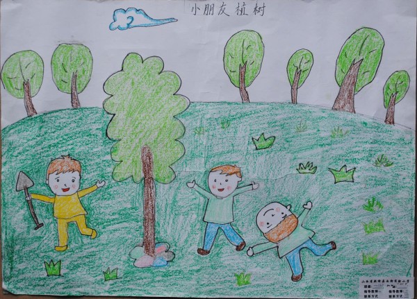 Childrens drawings of spring - children planting trees