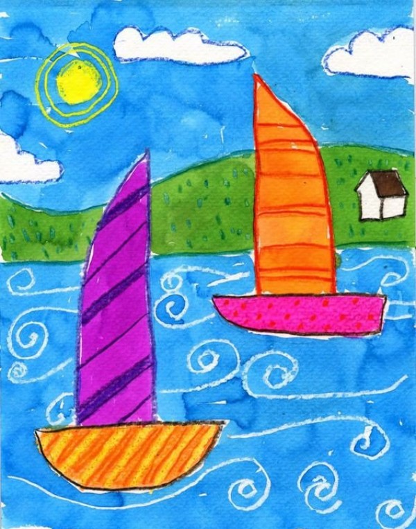 Appreciation of the watercolor paintings of foreign children on the small sailboat on the lake