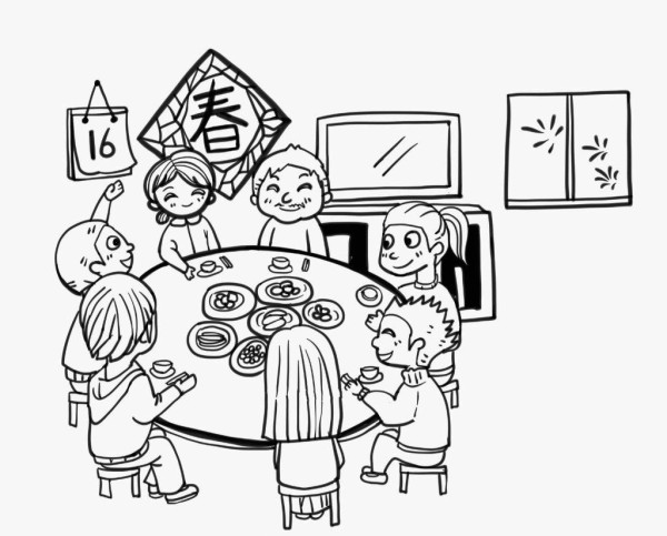 Simple drawing picture of family reunion during Spring Festival