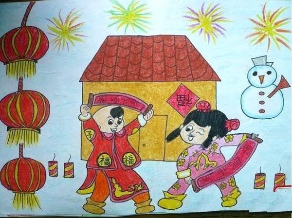 Award-winning primary school students' Spring Festival childrens paintings