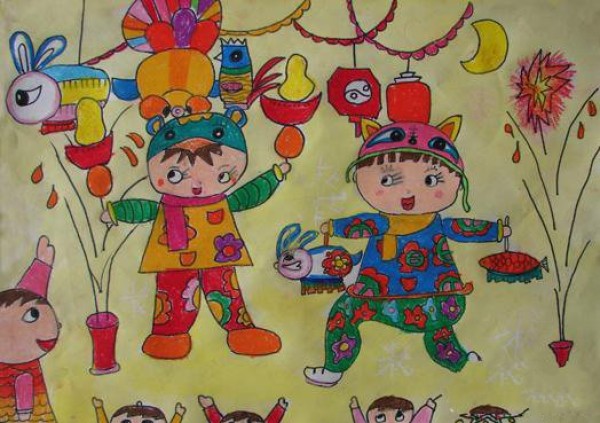 Childrens drawing of lively Spring Festival