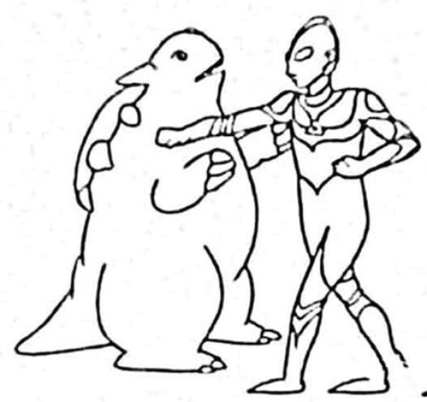 Simple drawing of Ultraman fighting monsters