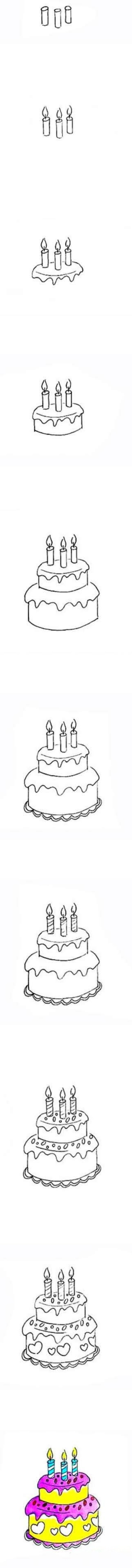 How to draw a colorful two-tier birthday cake