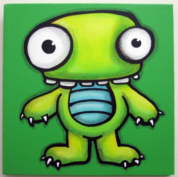 Green big-eyed cartoon monster oil painting display