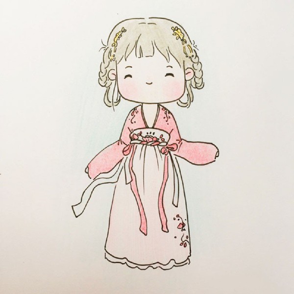 Simple drawing pictures of little girls in Chinese style Hanfu