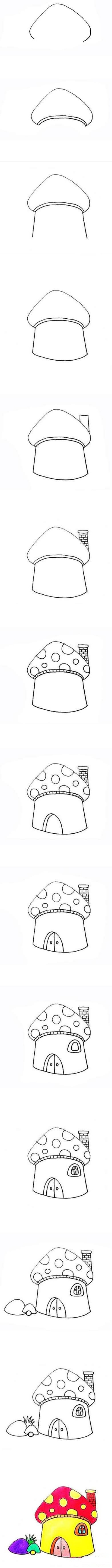 How to draw a cartoon mushroom house