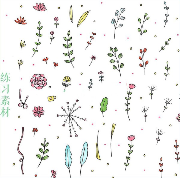 Dozens of simple drawing materials of flowers and plants