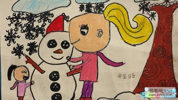 Childrens watercolor painting-My mother and I made a snowman