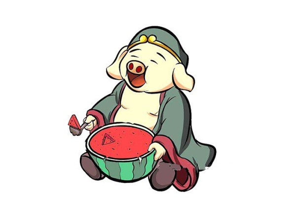 A simple picture of Zhu Bajie eating watermelon