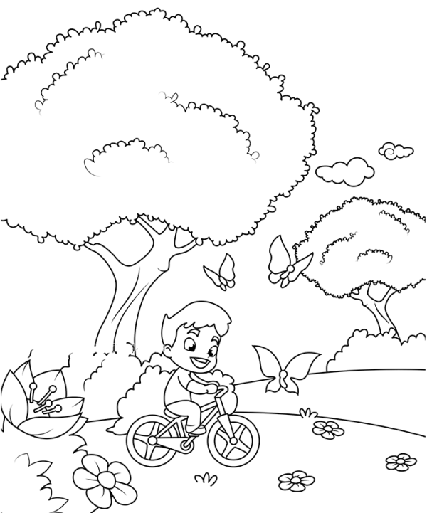 Little boy chasing butterflies on bicycle