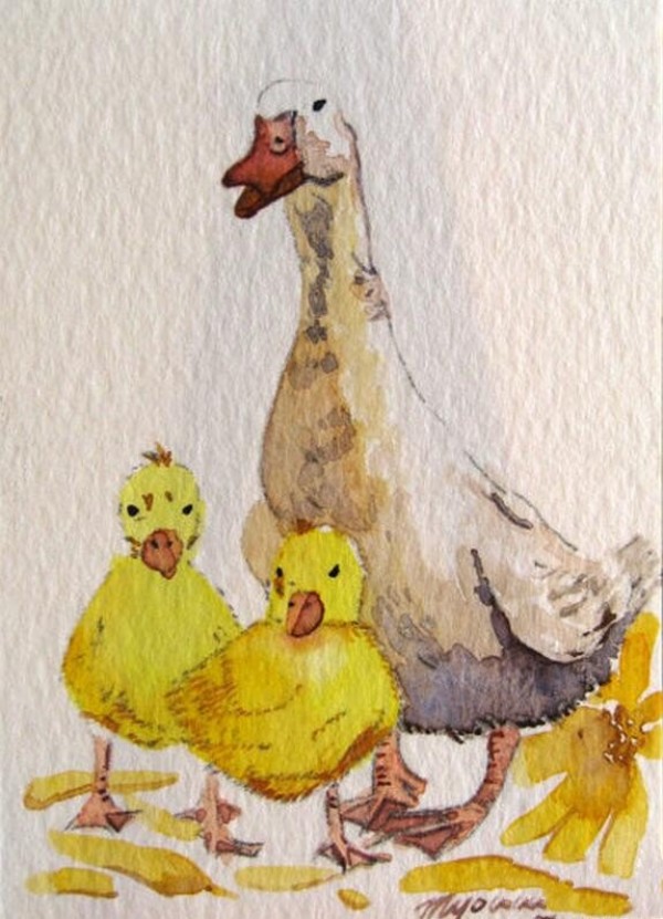 Appreciation of animal watercolor paintings of mother duck and ducklings