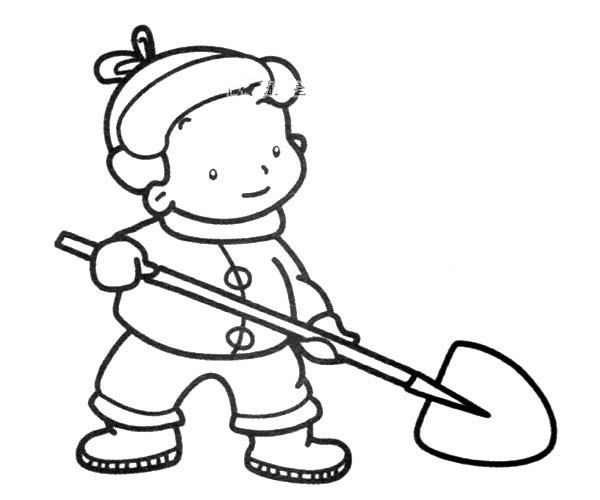 little boy shoveling snow