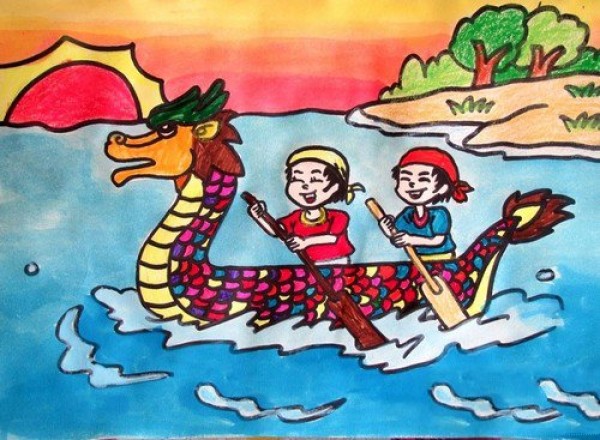 Creative childrens drawings for Dragon Boat Festival - My friends and I are going boating