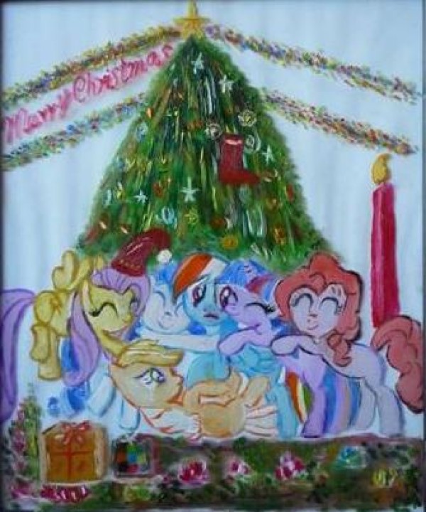 Childrens drawing of merry christmas with little pony