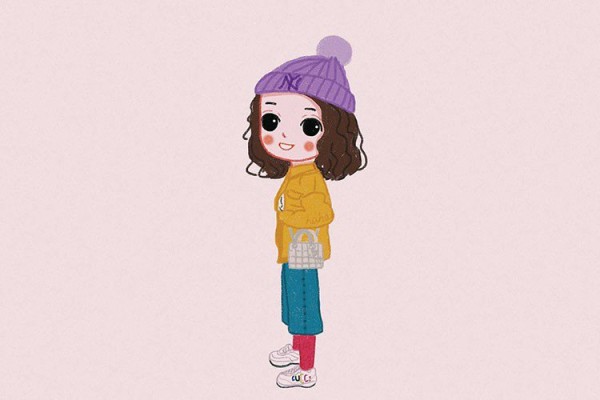 A set of simple drawings of cute little girls in spring