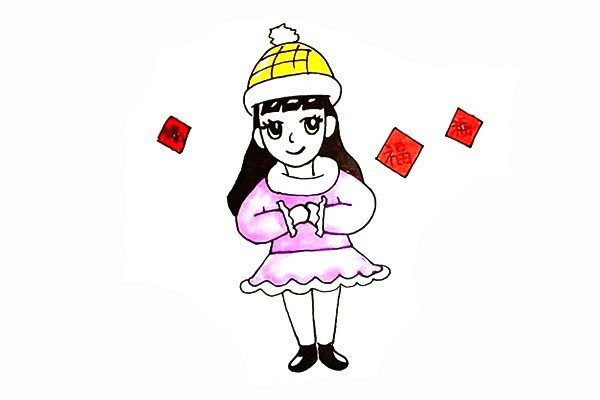 How to draw a little girl paying New Year greetings