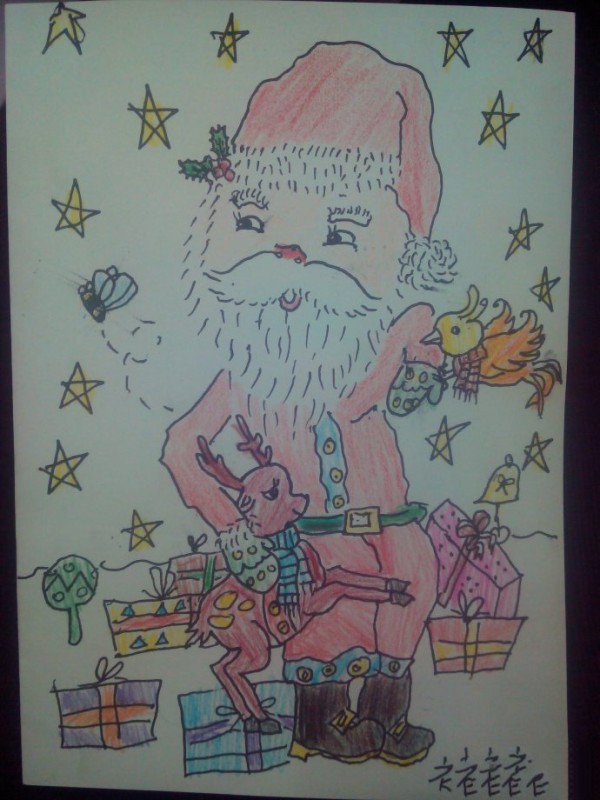 Childrens drawing of Santa Claus and reindeer