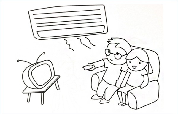 A simple picture of children blowing on the air conditioner and watching TV in summer