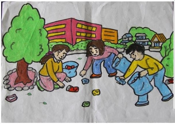 Primary school students learn from Lei Fengs paintings - picking up garbage