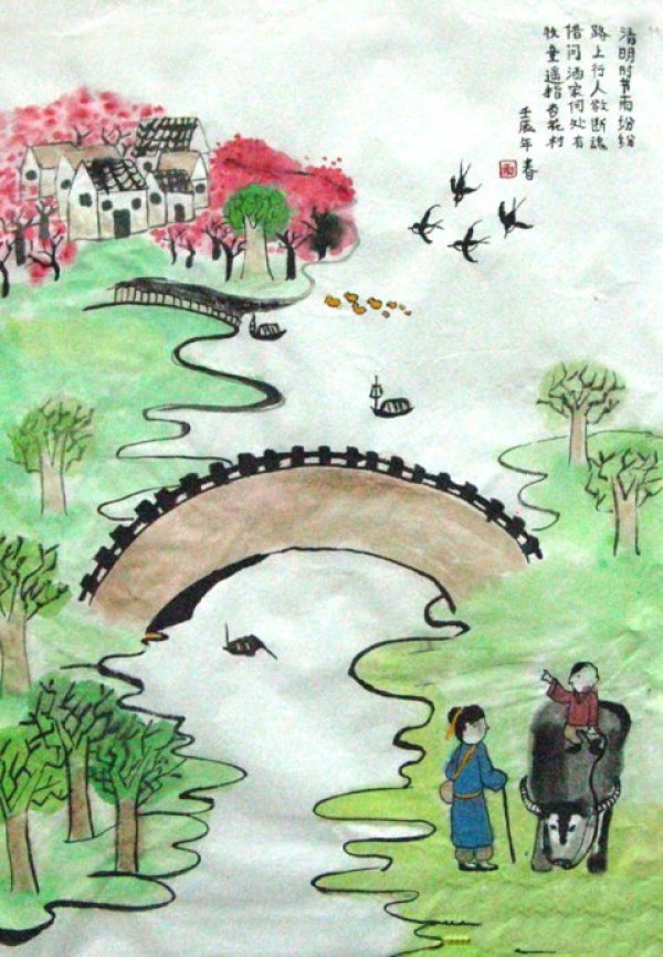 Childrens paintings about Qingming Festival - the shepherd boy points to Xinghua Village