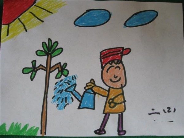 Childrens Arbor Day painting pictures-I water the small tree