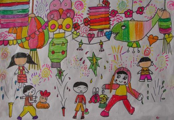 Childrens drawing of lively lantern festival