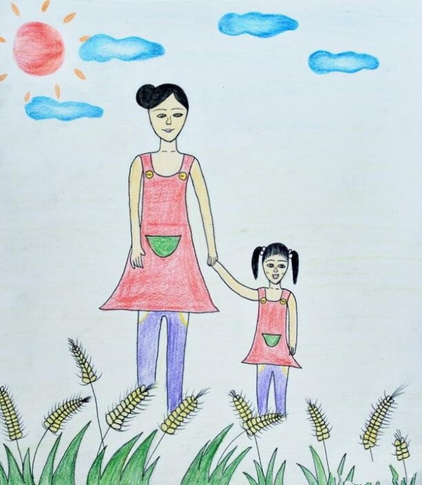 Appreciation of simple Mothers Day colored pencil drawings of holding hands with mom