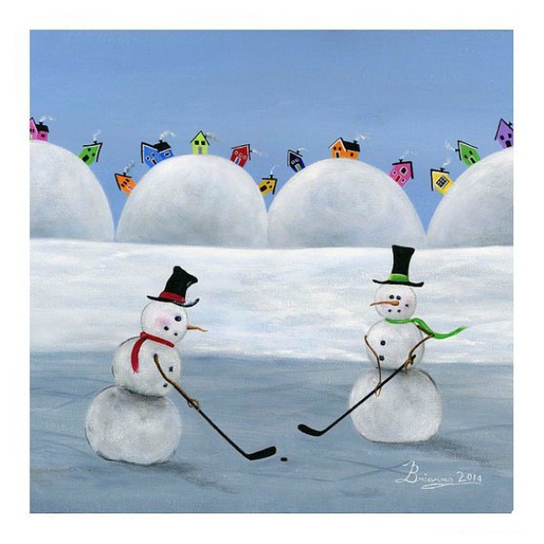 A childrens painting of a snowman playing golf. Appreciation of a winter painting.