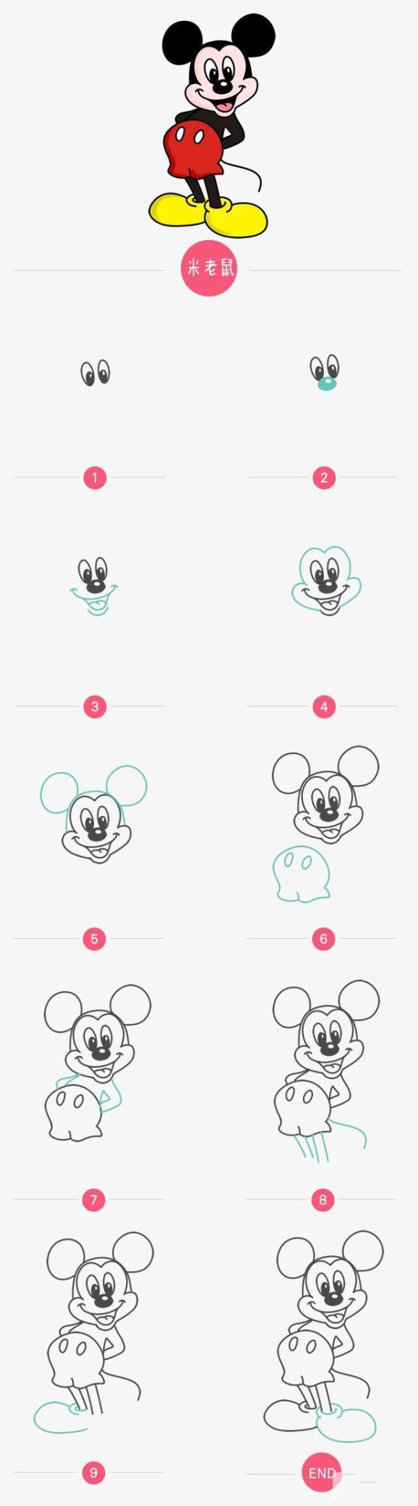 A complete collection of simple drawing tutorials: How to draw Mickey Mouse in simple strokes