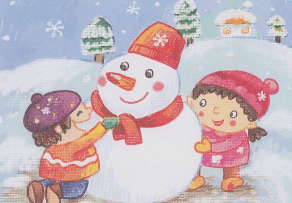 Childrens drawings of friends making snowmen