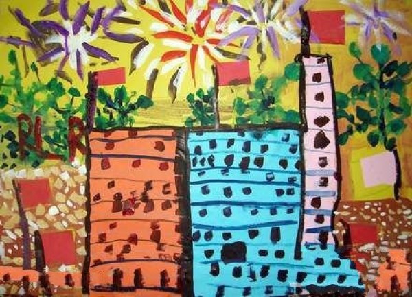 Childrens paintings for National Day-Fireworks fill the sky to celebrate National Day