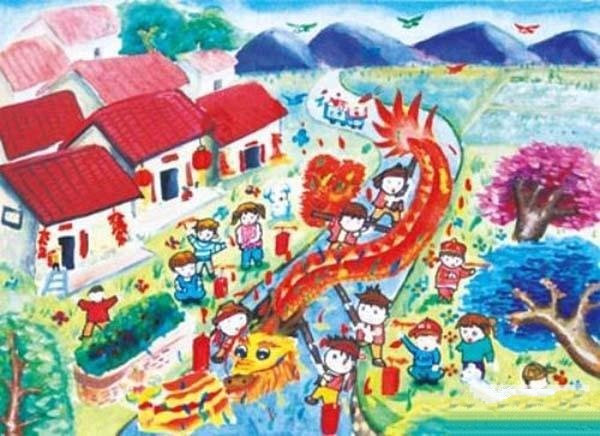 Beautiful Chinese New Year themed watercolor painting for children: Dragon Dance