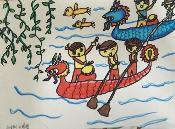 Dragon Boat Festival childrens painting - happy dragon boat race