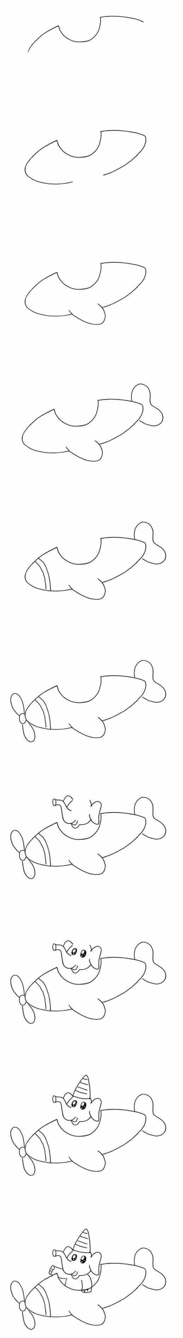 How to draw a cartoon elephant flying a plane